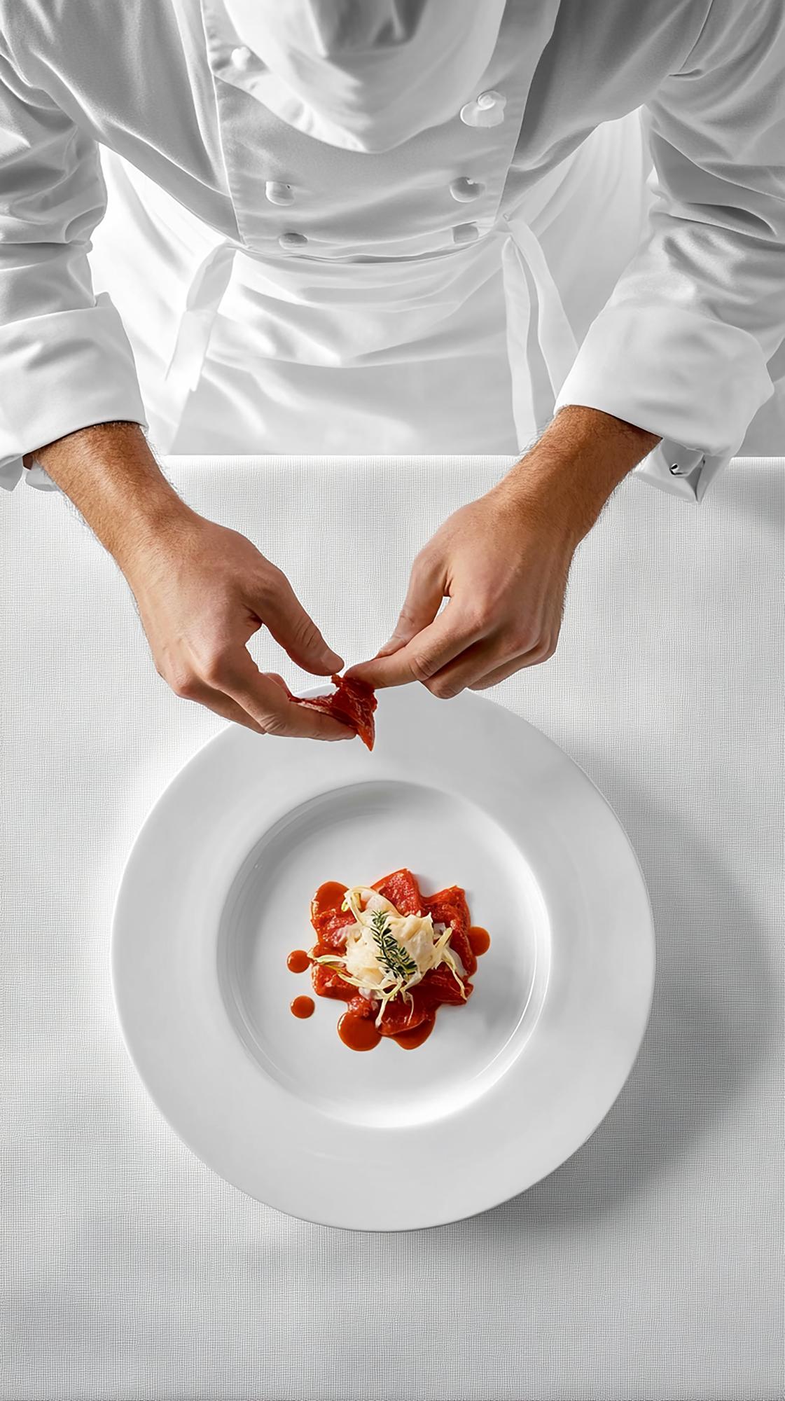 Chef plating a gourmet dish in a luxury kitchen